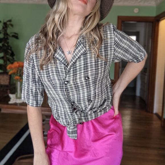 VTG Plaid Crinkle Blouse - Picture 8 of 10